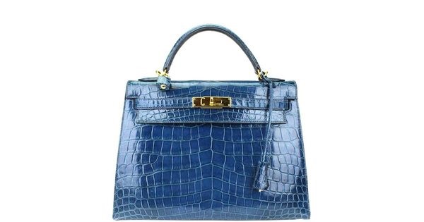 Фото сумки Hermes Kelly 32 см, голубая. Кожа аллигатора.